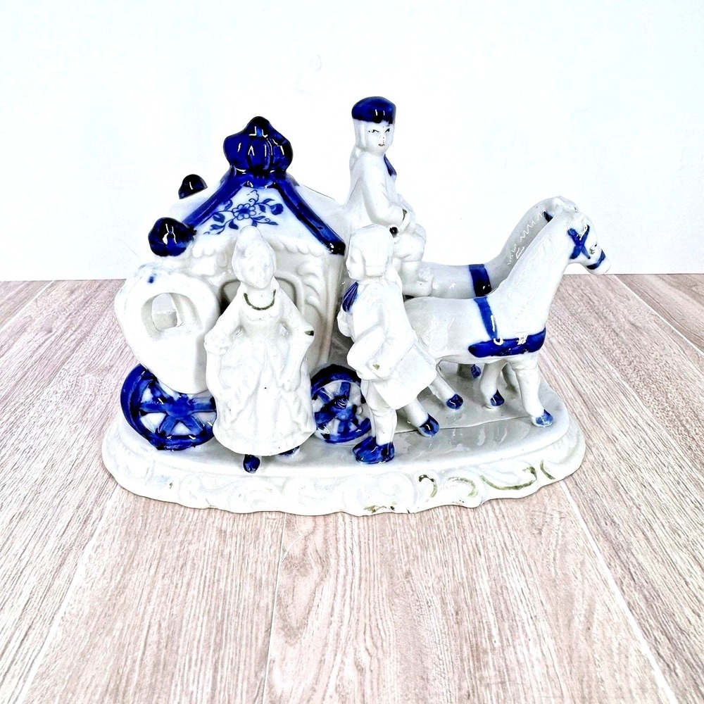 Vintage Blue White Ceramic Horse Carriage Figurine Victorian Coach People 8"